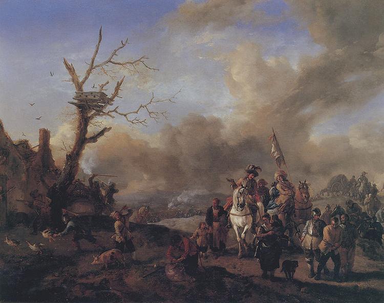 Philips Wouwerman Heranziehender Soldatentrob mit Marketenderinnen und Kindern, ein Bauerngehoft plundernd Sweden oil painting art